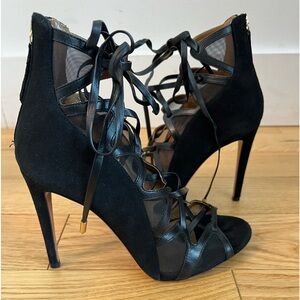 Aquazzura Black Suede and Mesh Cut Out Lace Pumps
